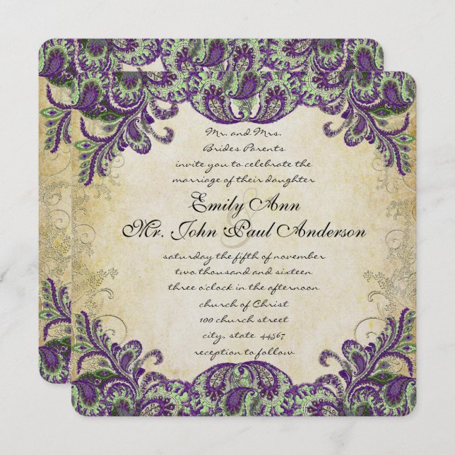 Purple & Green Peacock Wedding Invitations (Front/Back)