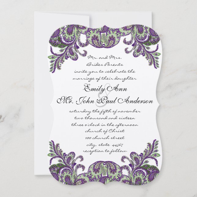 Purple & Green Peacock Wedding Invitations (Front)