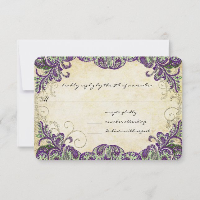 Purple & Green Peacock Wedding RSVP (Front)