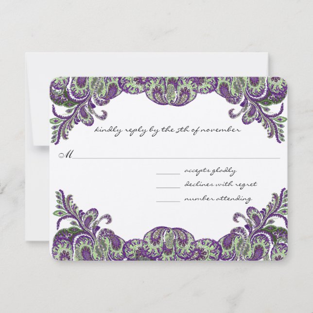 Purple & Green Peacock Wedding RSVP Card (Front)