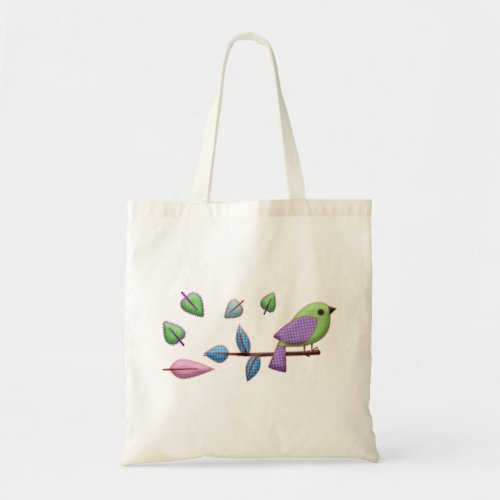 Purple Green Pink Bird with Embroidery Leaves Tote Bag