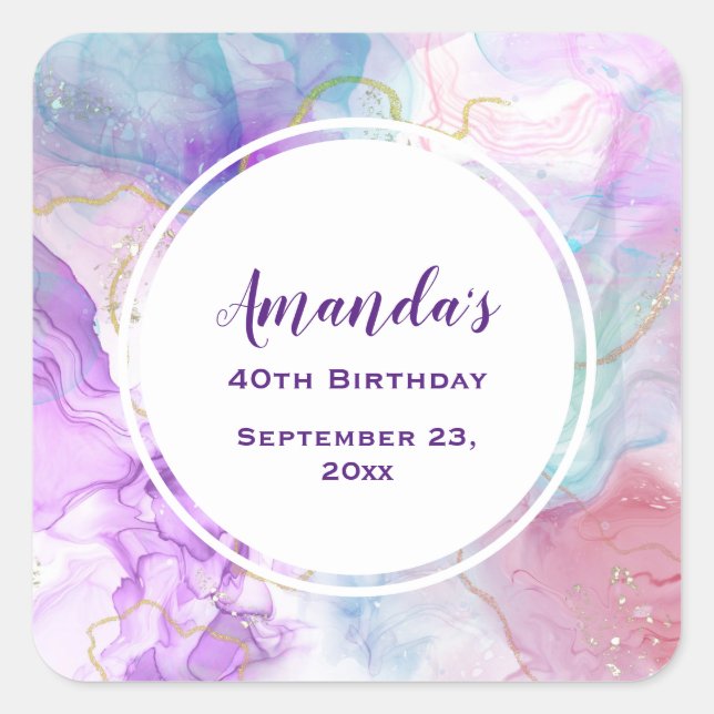 Purple, Green, Pink Flowing Colors Birthday Square Sticker (Front)