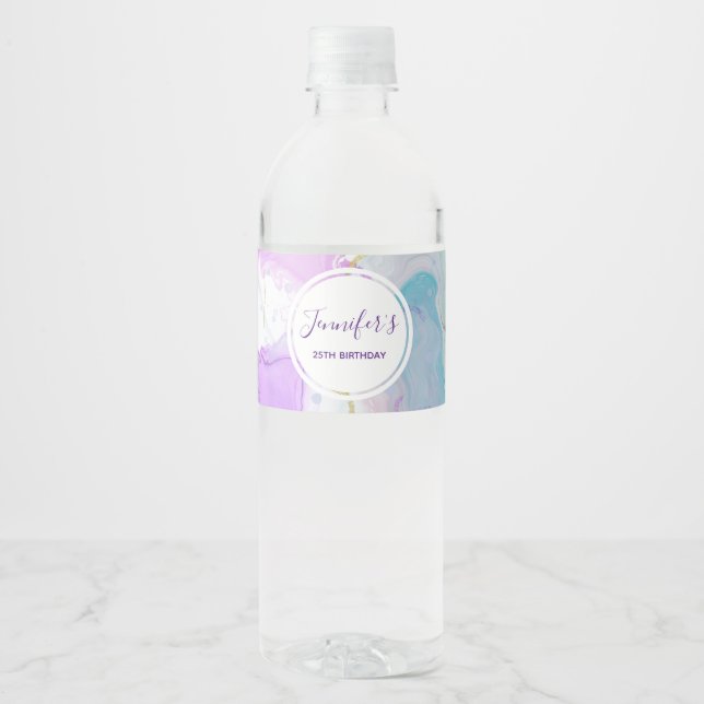 Purple, Green, Pink Flowing Colors Birthday Water Bottle Label (Front)