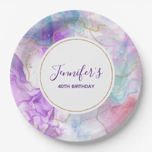 Purple Green Pink Flowing Colors Classy Birthday Paper Plates