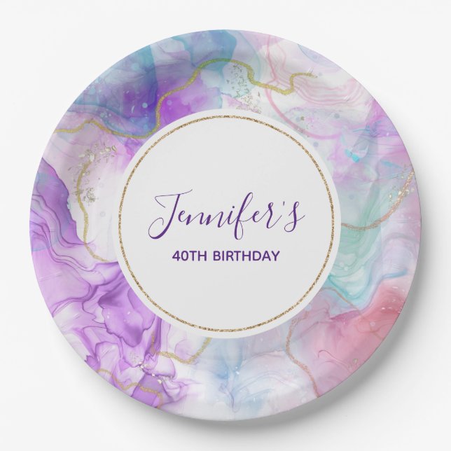 Purple, Green, Pink Flowing Colors Classy Birthday Paper Plates (Front)