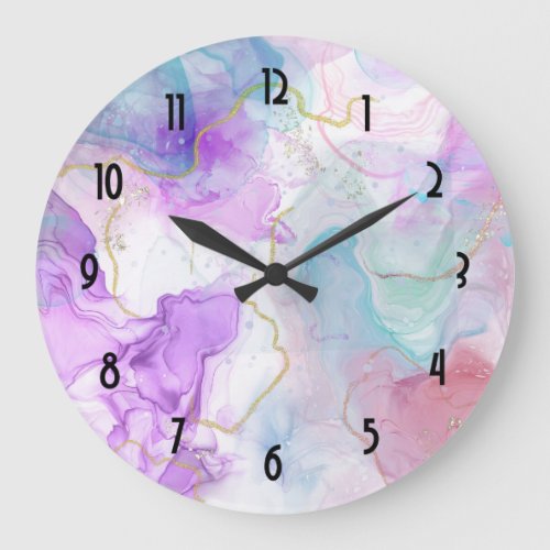 Purple Green Pink Flowing Colors Elegant Large Clock