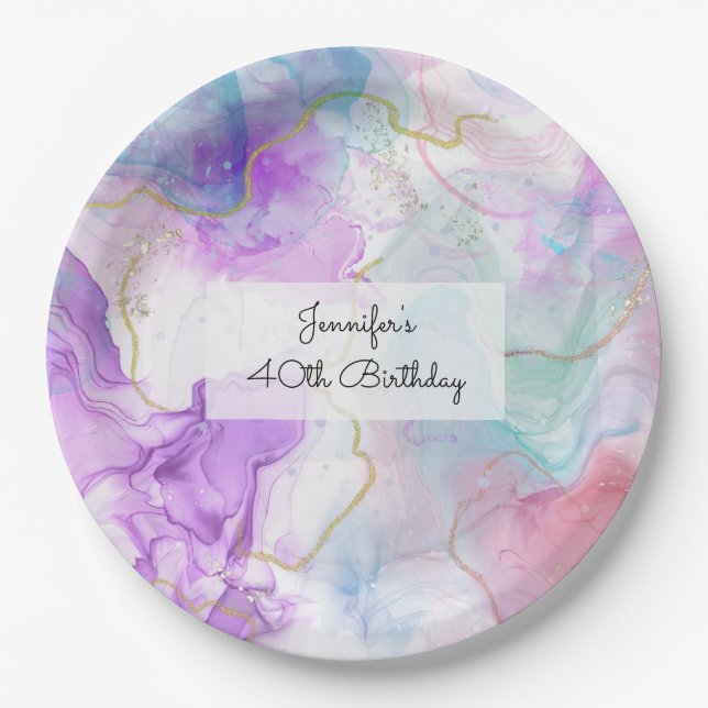 Purple, Green, Pink Flowing Colors Elegant Paper Plates (Front)