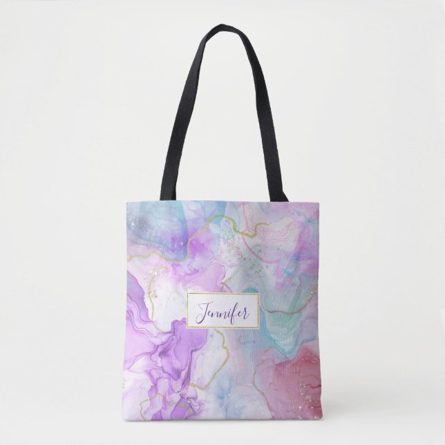 Purple, Green, Pink Flowing Colors Elegant Tote Bag (Front)