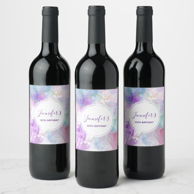 Purple, Green, Pink Flowing Colors Elegant Wine Label (Bottles)
