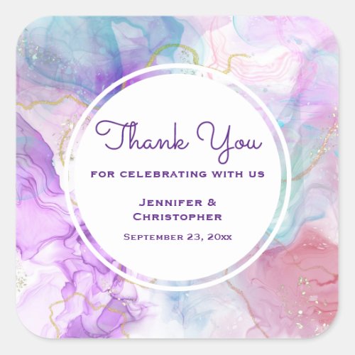 Purple Green Pink Flowing Colors Thank You Square Sticker