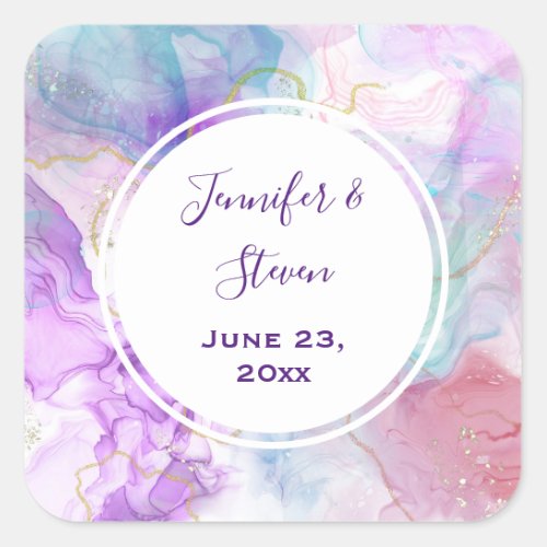 Purple Green Pink Flowing Colors Wedding Square Sticker