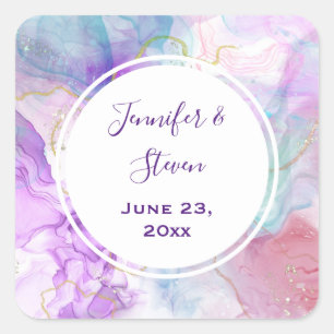 Purple, Green, Pink Flowing Colors Wedding Square Sticker
