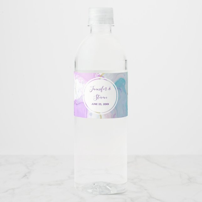 Purple, Green, Pink Flowing Colors Wedding Water Bottle Label (Front)