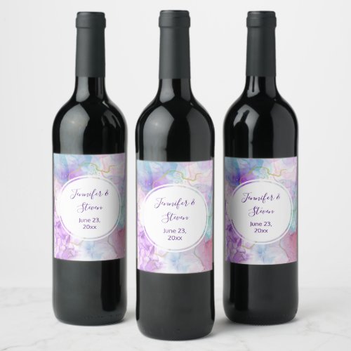 Purple Green Pink Flowing Colors Wedding Wine Label