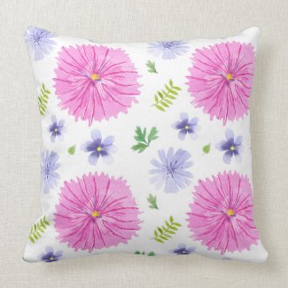 Purple Green Pink Watercolor Flowers Throw Pillow