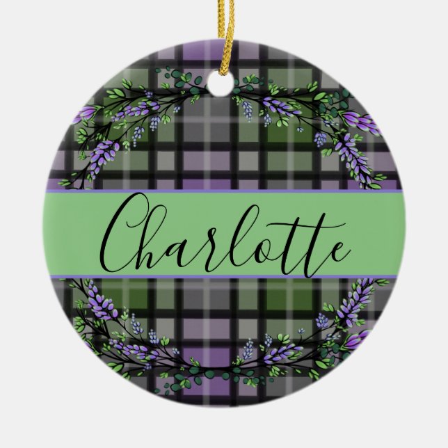 Purple green plaid lavender eucalyptus  ceramic ornament (Front)