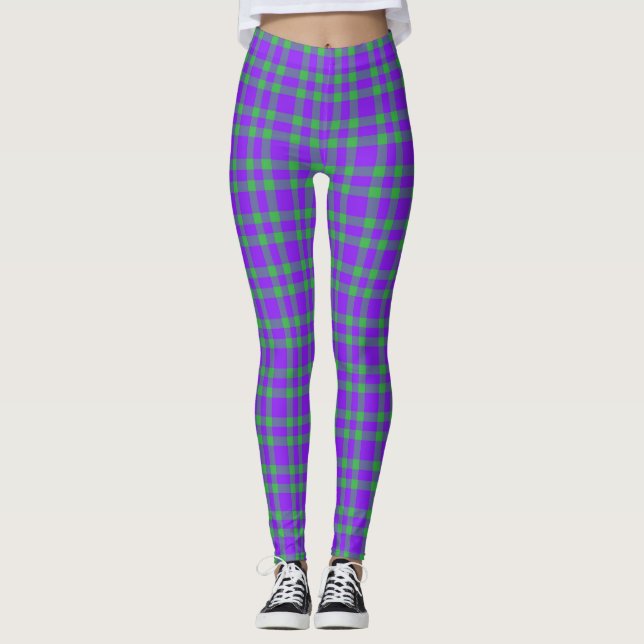 Purple Green Plaid Pattern Leggings (Front)