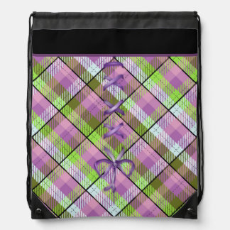 Purple Green Plaid With Bow Drawstring Backpack