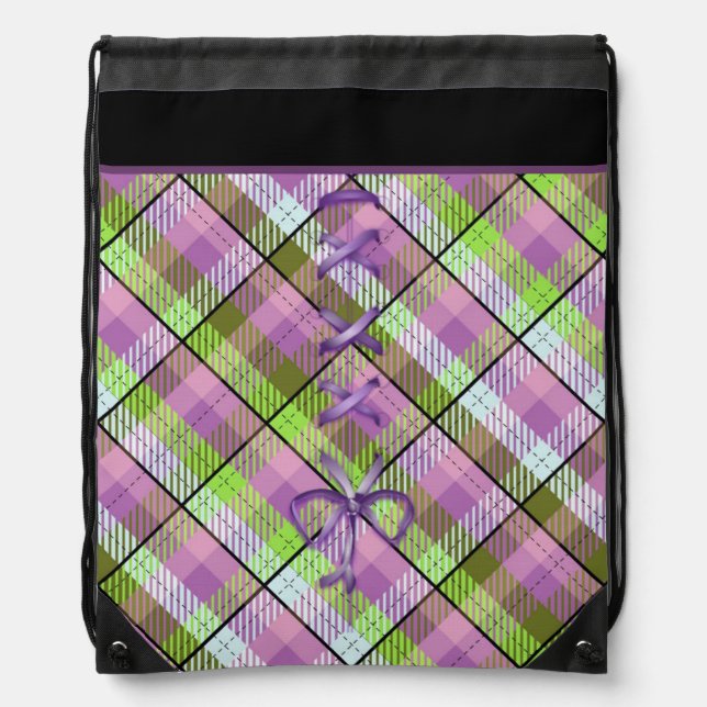 Purple Green Plaid With Bow Drawstring Backpack (Front)