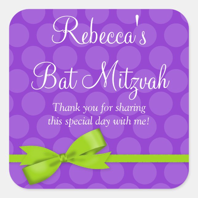 Purple Green Polka Dot Printed Bow Bat Mitzvah Square Sticker (Front)