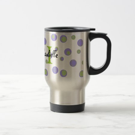 Purple Green Polka Dots Monogrammed Travel Mug