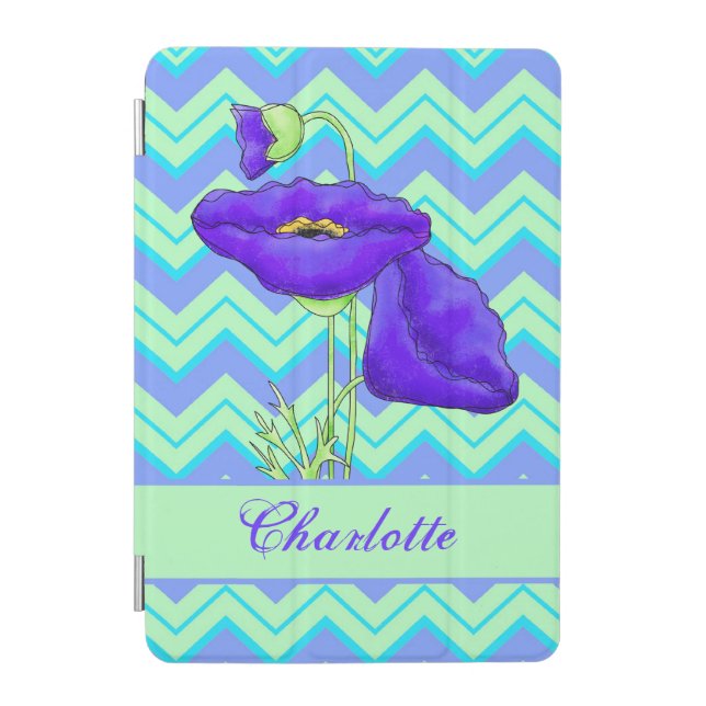 Purple Green Poppy Chevron Zizzag Name Personalize iPad Mini Cover (Front)