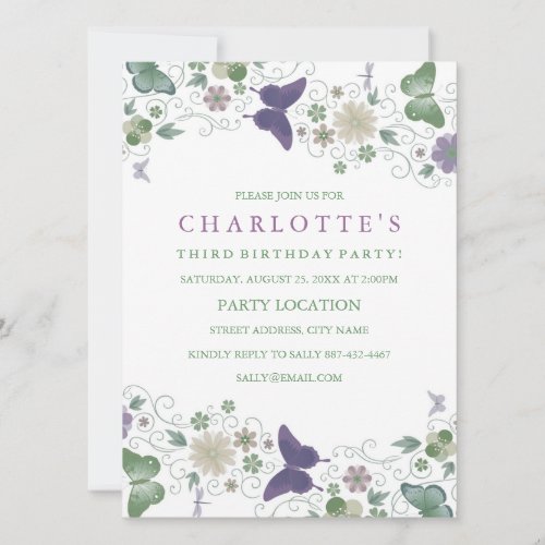 Purple  Green Pretty Butterfly  Birthday Invite