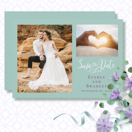 Purple Green Romantic Photo QR Code Save the Date  Invitation