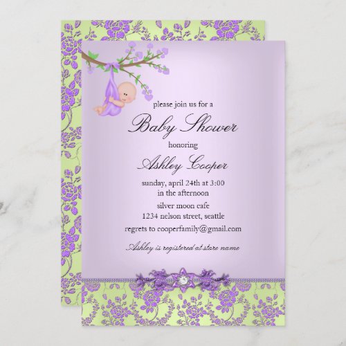 Purple  Green Rose Garden Baby Shower Invitation