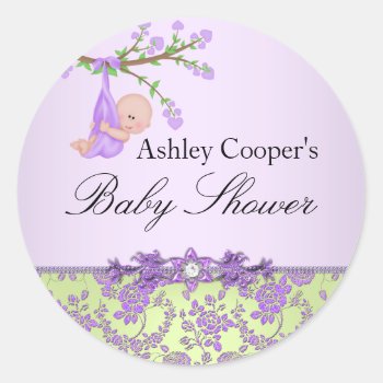 Purple & Green Rose Garden Baby Shower Sticker by ExclusiveZazzle at Zazzle