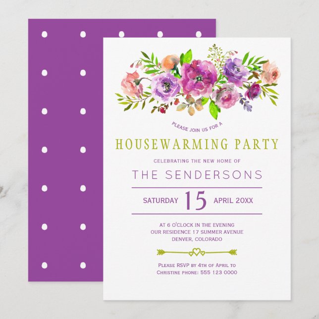 Purple green rustic boho floral housewarming party invitation (Front/Back)