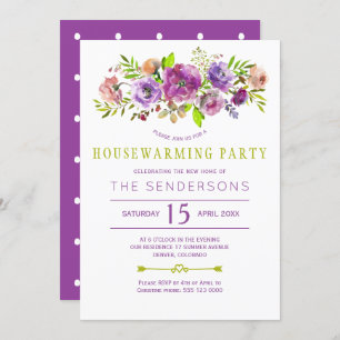 Purple green rustic boho floral housewarming party invitation