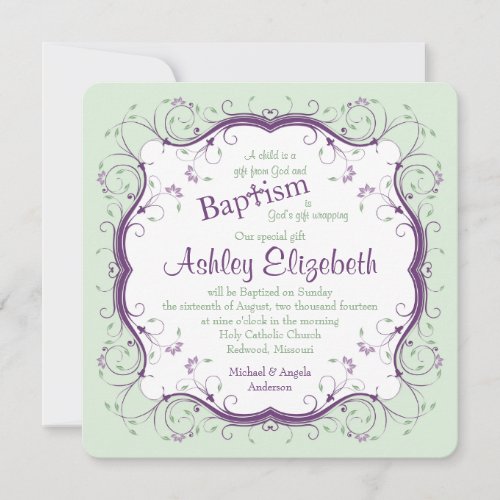 Purple Green Scroll Floral Baptism Invitation