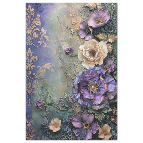 Purple Green Shabby Chic tattered Floral  Demask  Tissue Paper