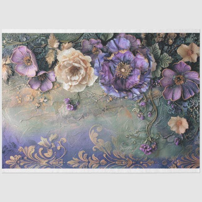 Purple Green Shabby Chic tattered Floral & Demask  Tissue Paper (Front)