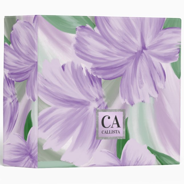 Purple Green Silver Floral Glitter Monogram 3 Ring Binder (Front/Spine)