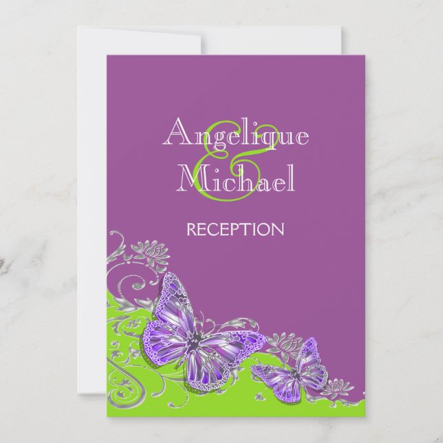 Purple green silver wedding engagement invitation (Front)