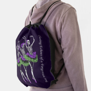 Purple Green Skeleton Ballerina Chasing Echoes Drawstring Bag