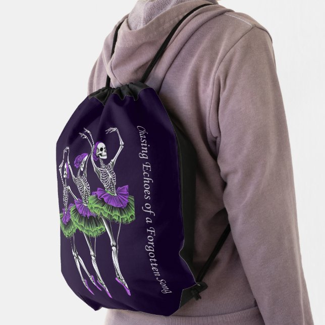  Purple Green Skeleton Ballerina Chasing Echoes  Drawstring Bag (Insitu)