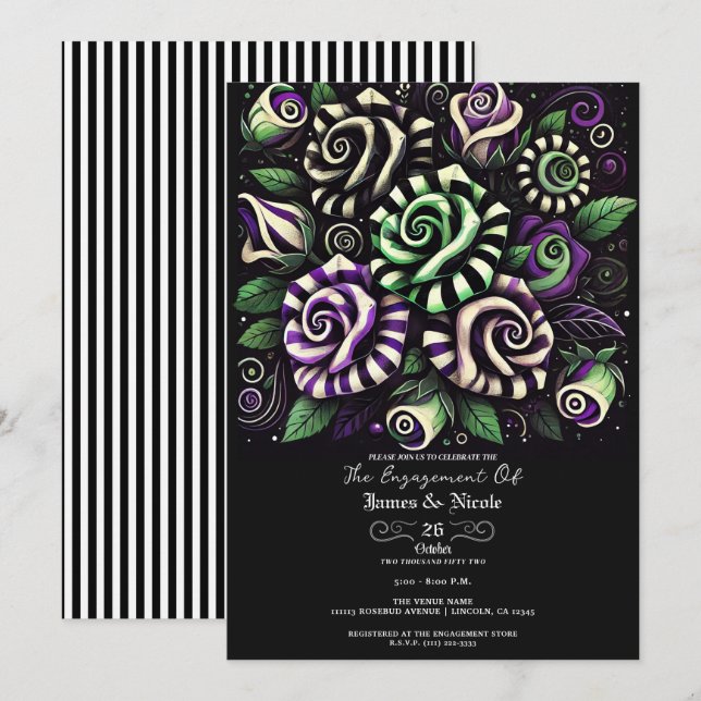 Purple Green Stripe Floral Halloween Engagement  Invitation (Front/Back)