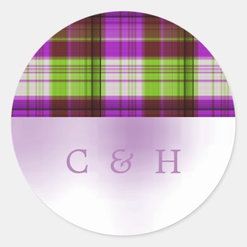 Purple Green Tartan Plaid Wedding Classic Round Sticker