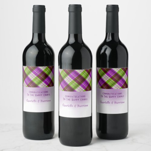 Purple Green Tartan Plaid Wedding Wine Label