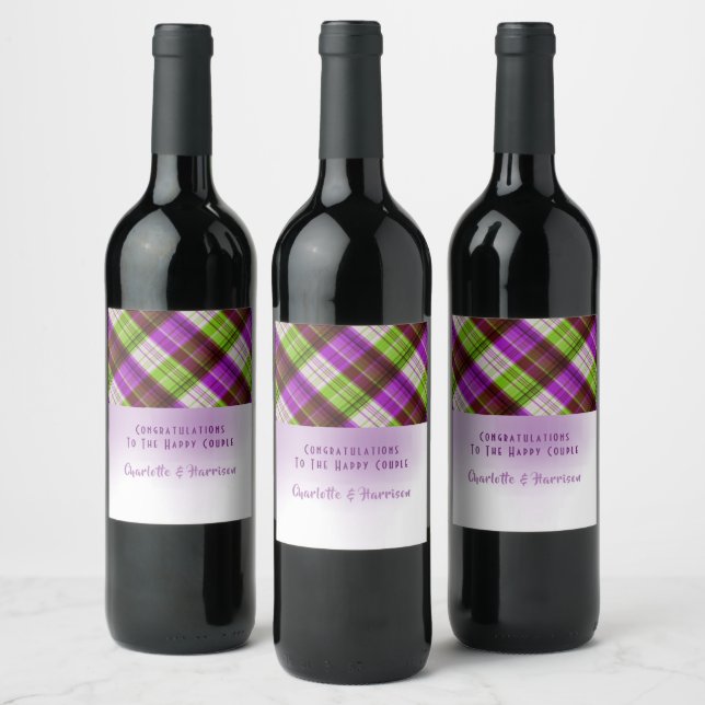 Purple Green Tartan Plaid Wedding Wine Label (Bottles)