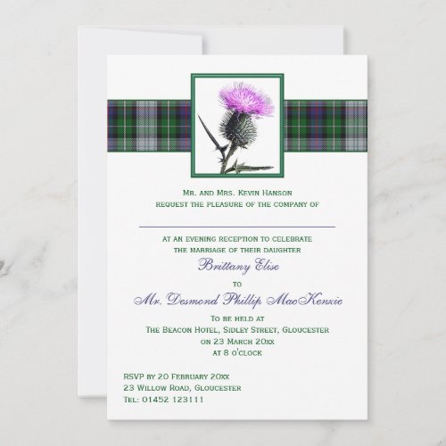 Purple Green Tartan Thistle Evening Wedding Invite