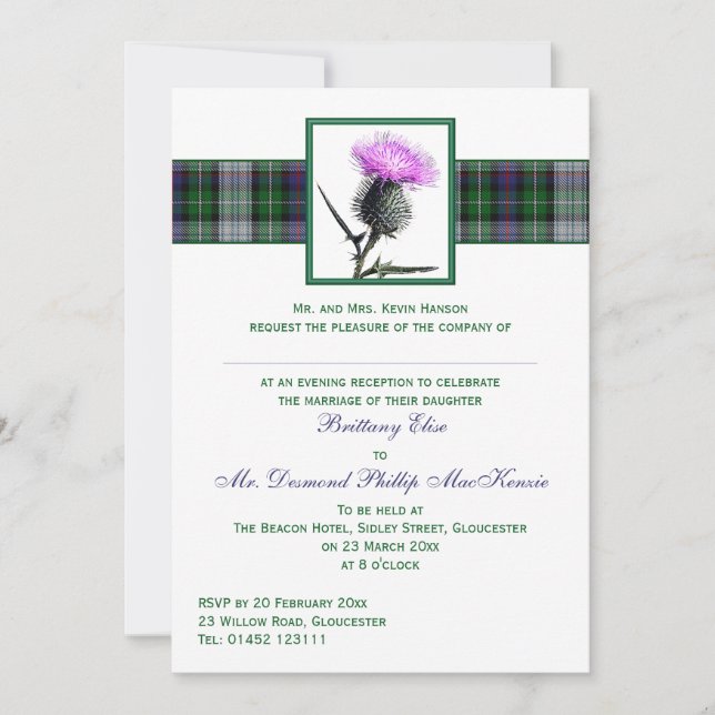 Purple Green Tartan Thistle Evening Wedding Invite (Front)