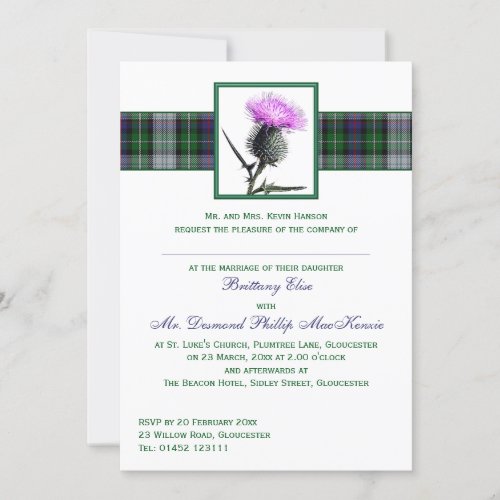 Purple Green Tartan Thistle Wedding Invitation