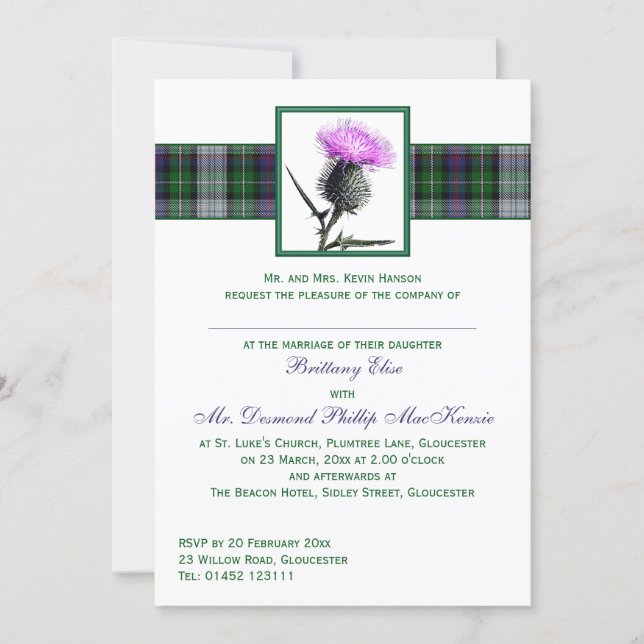 Purple Green Tartan Thistle Wedding Invitation (Front)