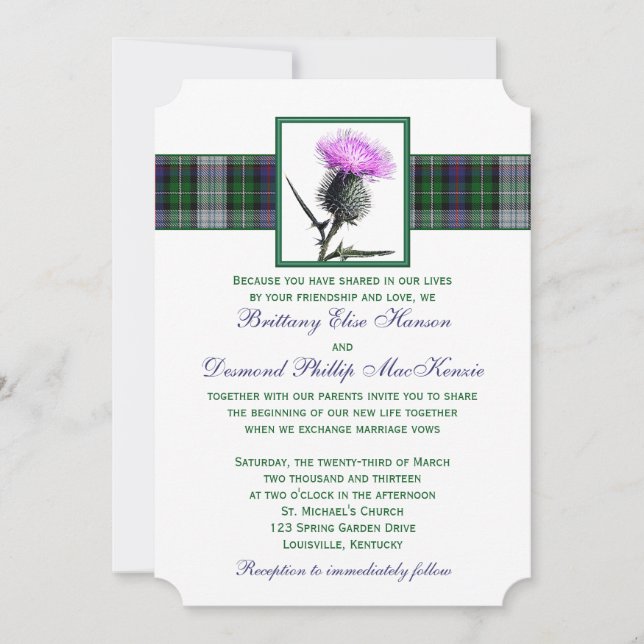 Purple Green Tartan Thistle Wedding Invitation (Front)