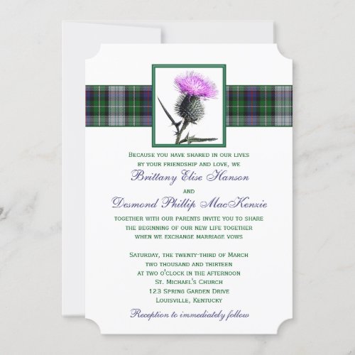 Purple Green Tartan Thistle Wedding Invitation