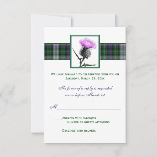 Purple Green Tartan Thistle Wedding RSVP Card